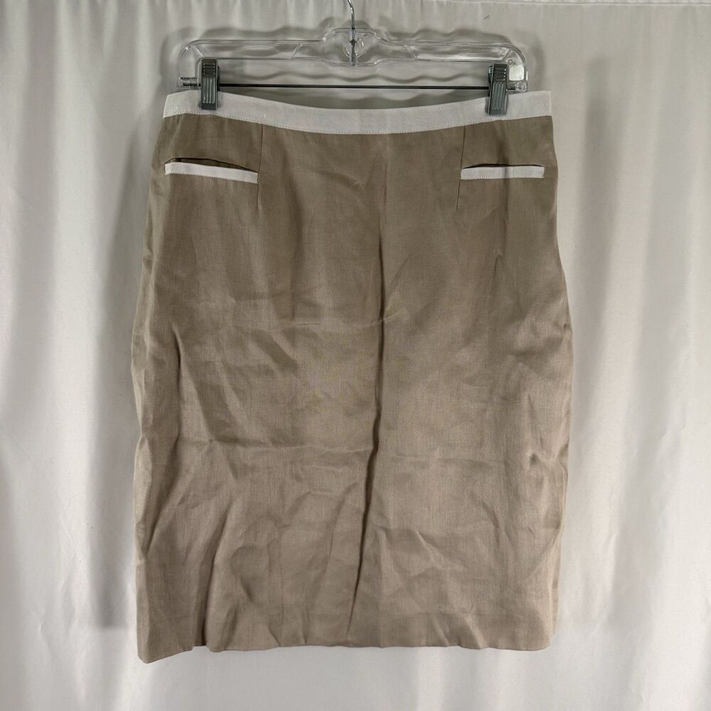 Brooks Brothers 100% Linen Pencil Skirt Women's 12 Tan White Trim Zip Back